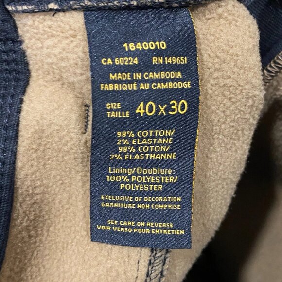 CAT Caterpillar Work Pants Mens 40 x 30 Black Canvas Fleece Lined Insulated - Picture 12 of 13